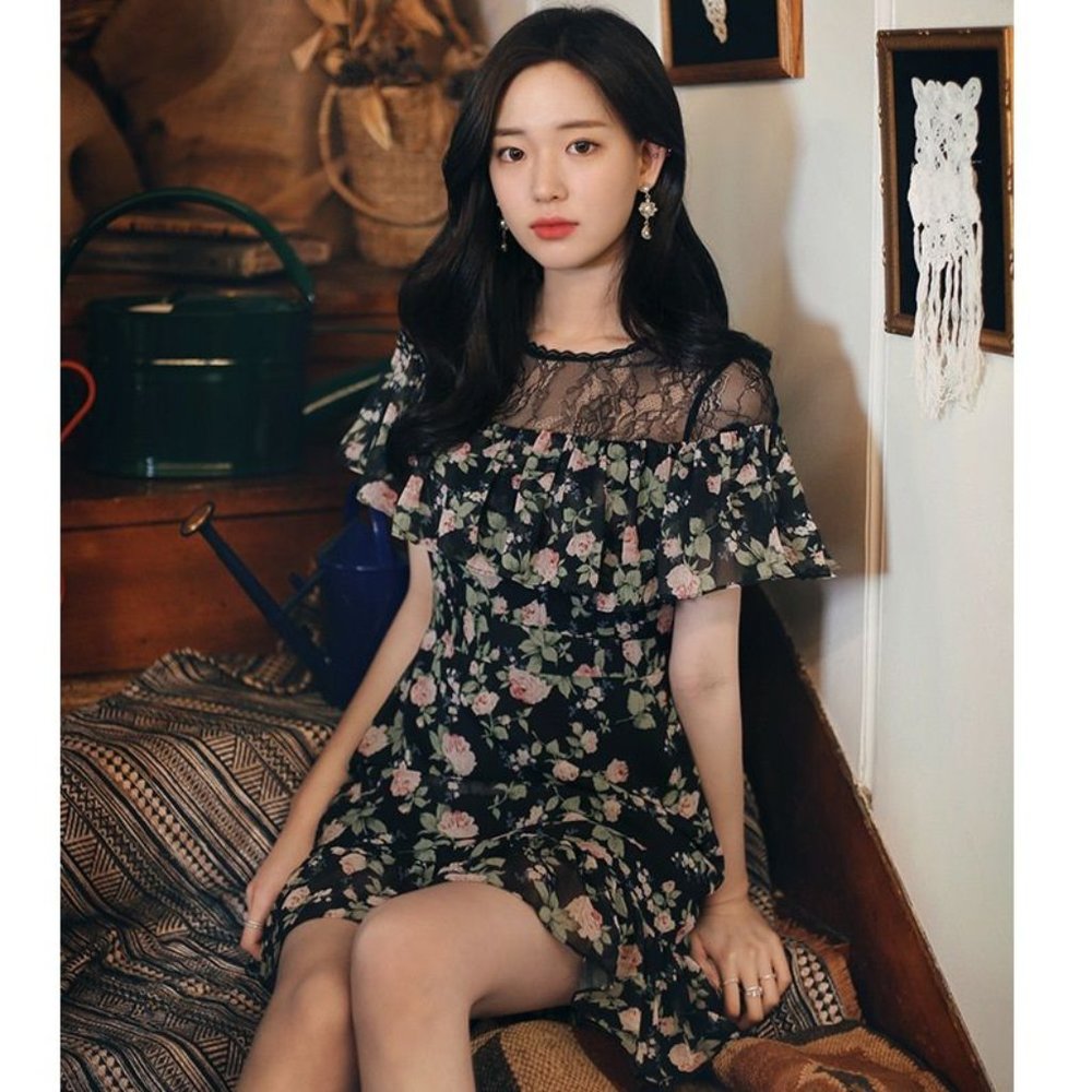 Lace Yoke Floral Print A-Line Chiffon Dress